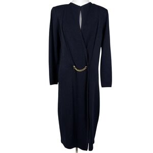 Vintage St John Santana Knit Cardigan Womens S Navy Blue Long Open Front Chain